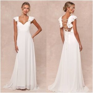LULU’S Heavenly Romance White Pleated Flutter Sleeve Lace Up Maxi Dress